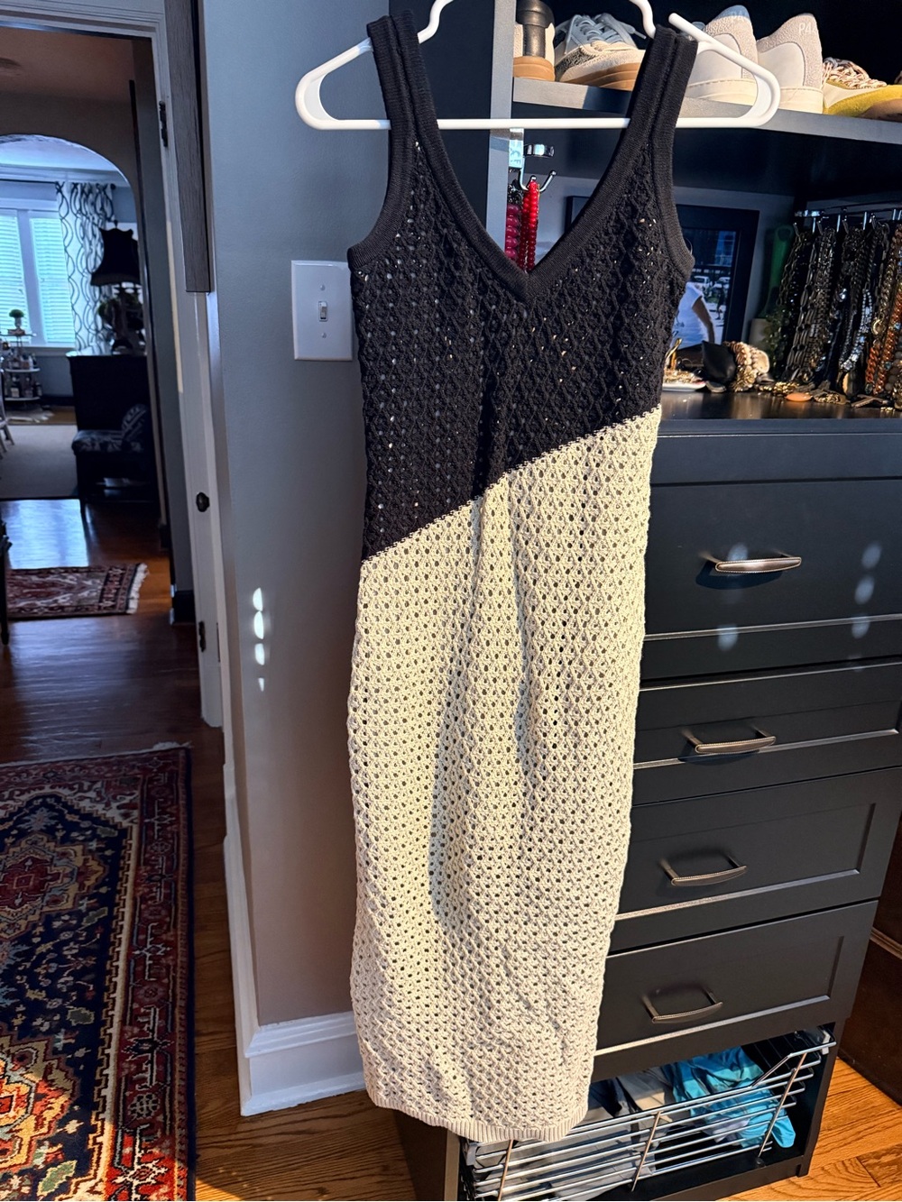 V-Neck Black and Cream Colorblock Knit Midi Dress